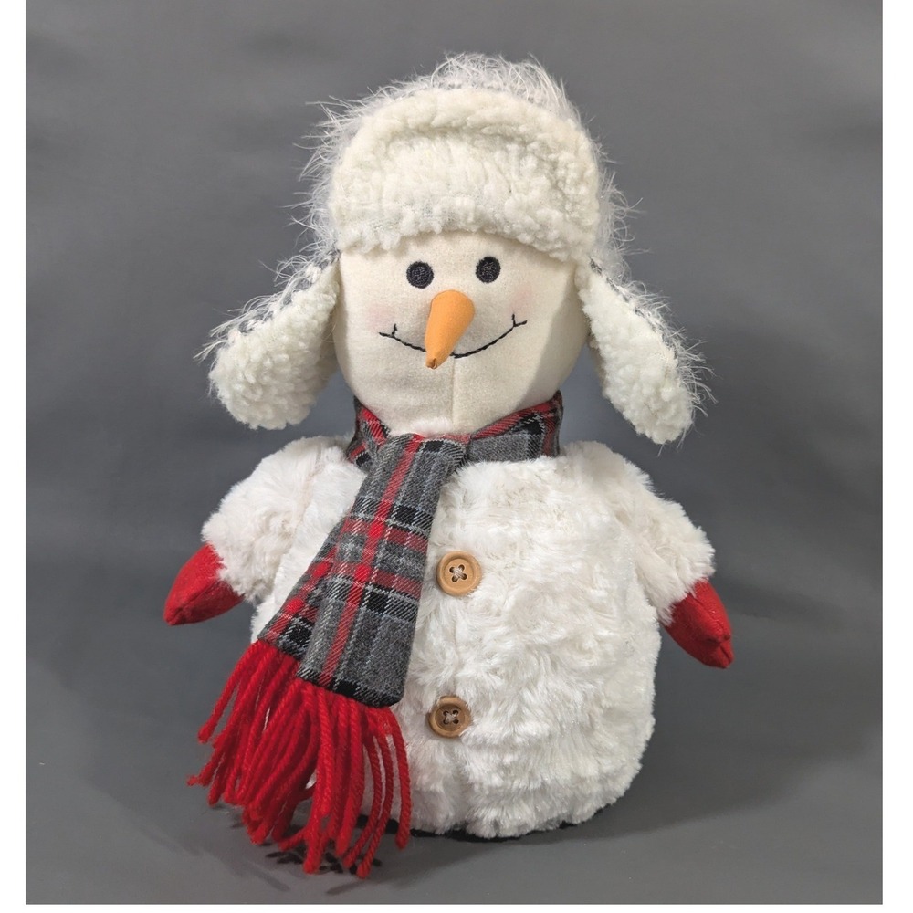Plush Snowman Holiday 10" Trapper Hat Plaid Scarf Red Mittens Weighted Base